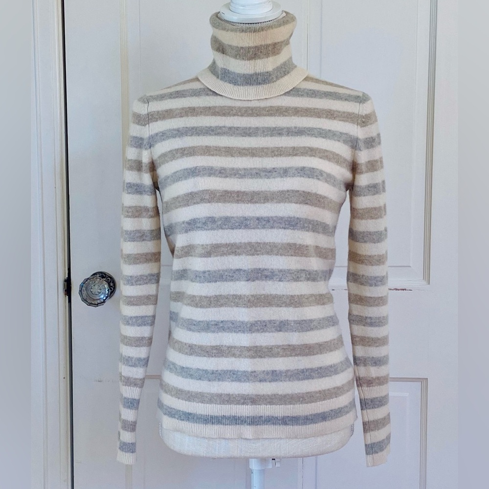 Cashmere White + Warren Turtleneck Stripe Sweater Soft Cozy Cream Tan Light Grey